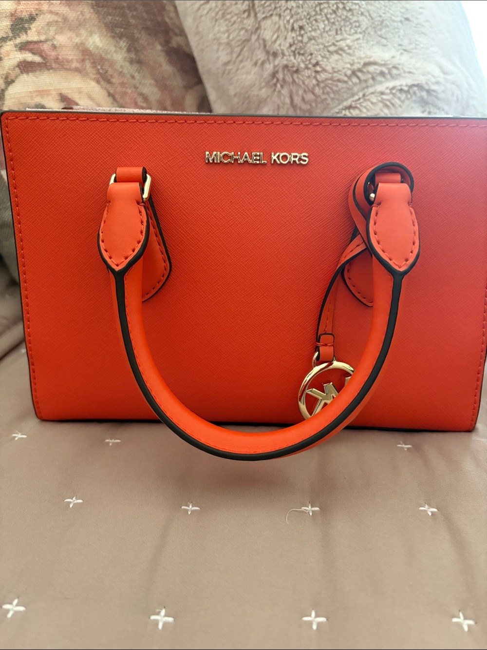 Michael Kors Orange Saffiano Leather Top-Handle Satchel with Gold Logo Charm